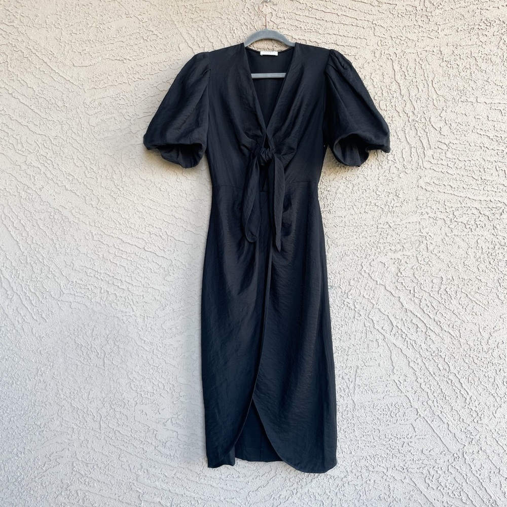 SANDRO Black Linen Tie Front Puff Sleeve Wrap Skirt Bloane Blum Midi Dress S - Picture 8 of 17